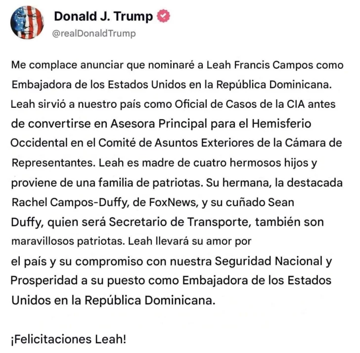 Trump nomina a Leah Francis Campos como embajadora en RD